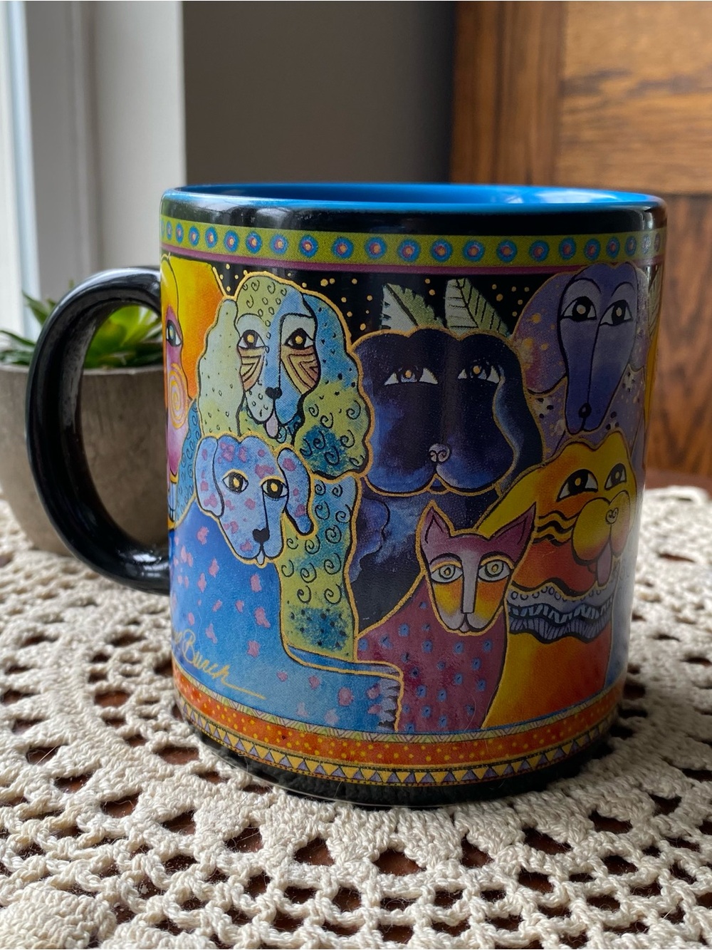 Vintage Laurel Burch Whimsical Dog Accent Mug - Black Base EUC
